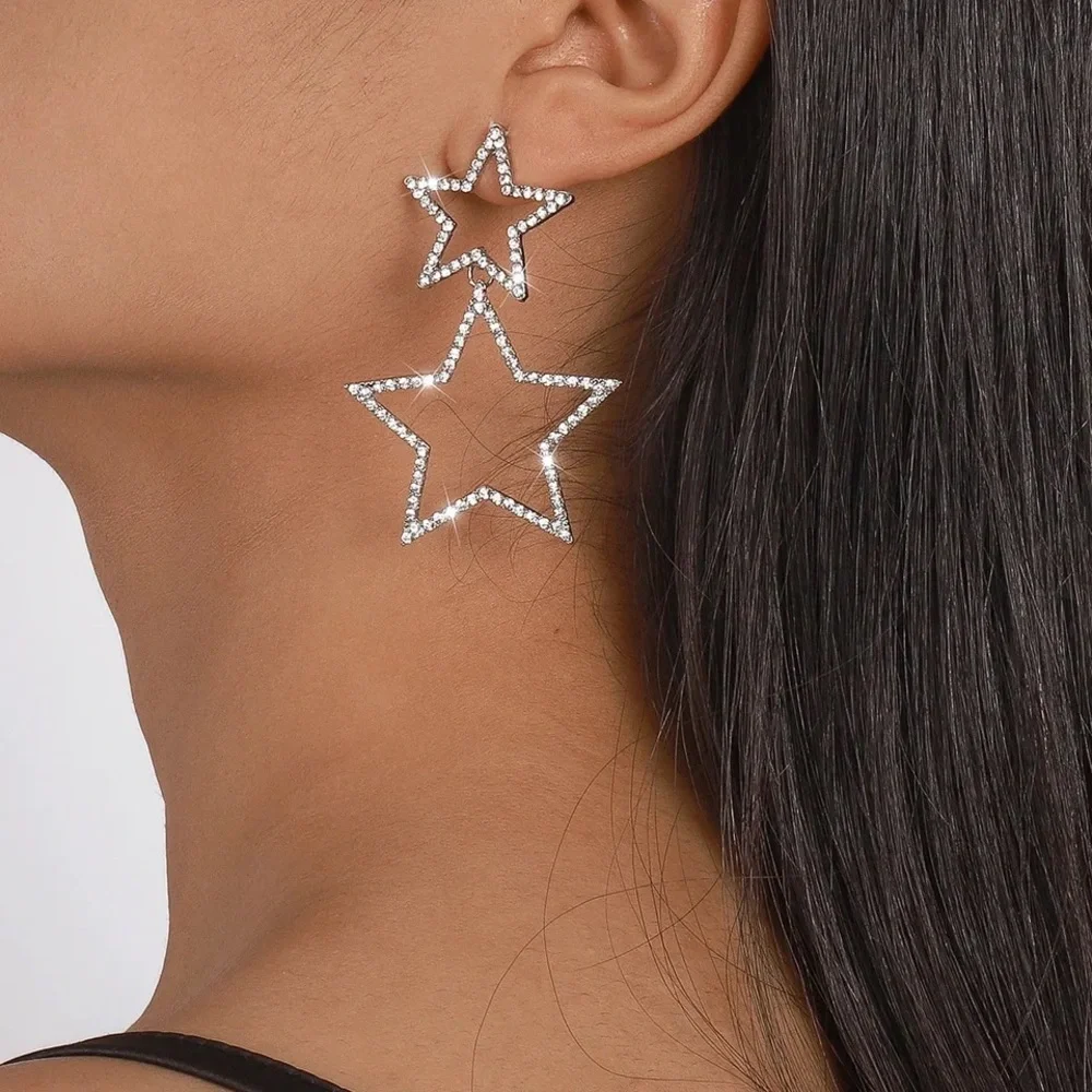 NWT Silver Rhinestone Double Star Statement Drop Earrings